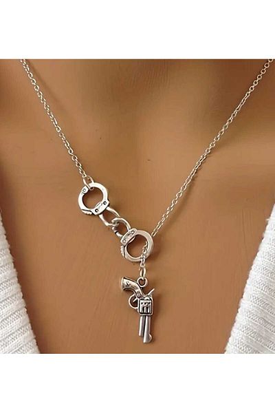 sarıyer silver Stylish Design Steel Necklace with Handcuff Detail Pistol Gun Pendant