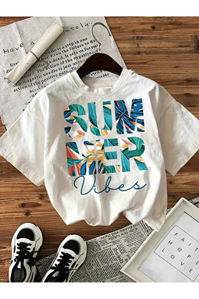 AEMİ Tricou oversize cu decolteu cu imprimeu Summer Vibes unisex