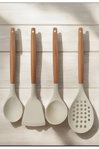 ZeDesign Silicone Bamboo Handle 4 Piece Kitchen Serving Set Cream Color (CAP-SPOON-CELL-SPATULA)