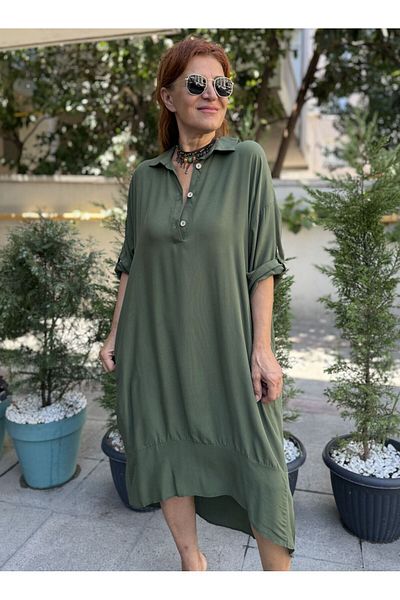 DenizEge Viscose Back Ring Detailed Dress Khaki