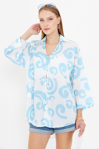 armonika Women's Baby Blue-White Shirt Collar Front Lace Kimono Shirt Arm-25K001006