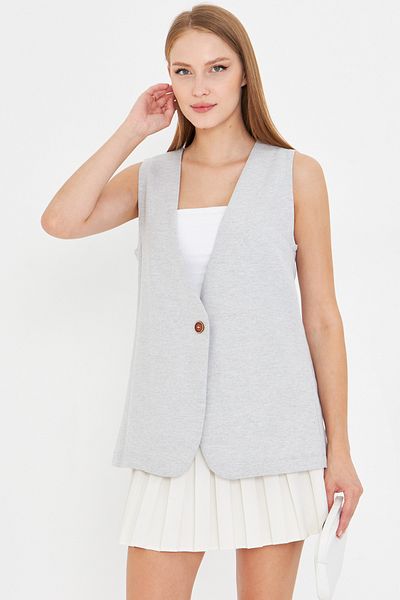 armonika Women's Gray V-Neck Single Button Oversize Vest Arm-25Y001036