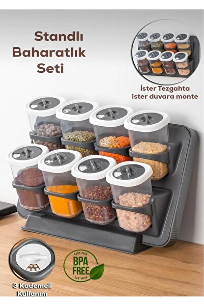 ZeDesign Stantlı Tezgah Üstü Kapaklı 8'Li Baharat Takımı Yapışkanlı Duvara Mo...