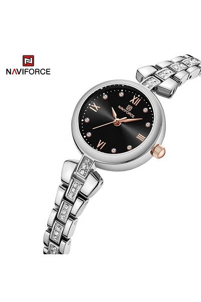 Naviforce Elegant and Stylish Silver Analog Wrist Watch with Crystal Accents and Black Dial