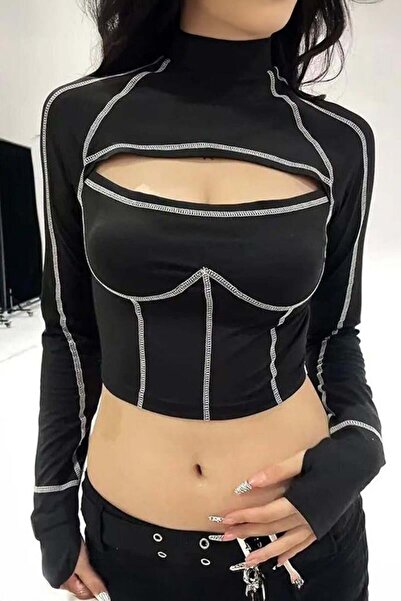 harmony factory Black Paneled Reverse Stitching and Finger Detail Gothic Long...