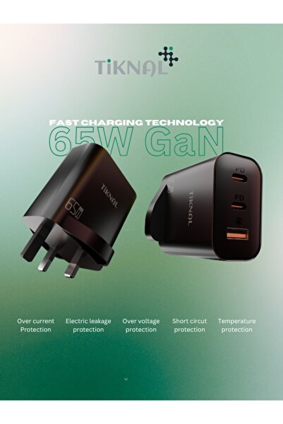 Tiknal شاحن GaN 65 وات - شاحن حائط عالي الكفاءة مزود بمنفذي USB-C PD ومنفذ US...