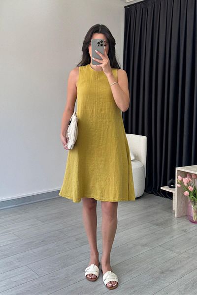 ECEMİ Ashe Mustard Raw Linen Above Knee Dress