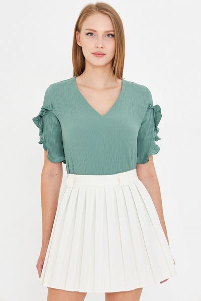 armonika Women's Turquoise V Neck Ruffled Short Sleeve Blouse Arm-25Y001070