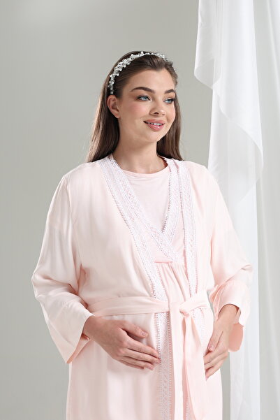 Tuba Women's Powder Double Breasted Collar Lace Detailed Maternity Pregnant 3-Piece Pajama Set