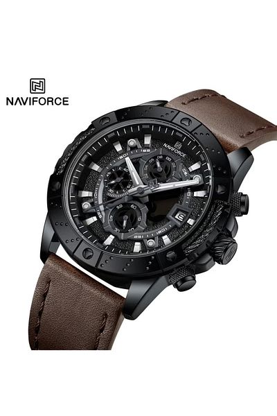 Naviforce Stylish Chronograph Watch for Men with Premium Leather Strap Luminous Hands Multi Function Dial