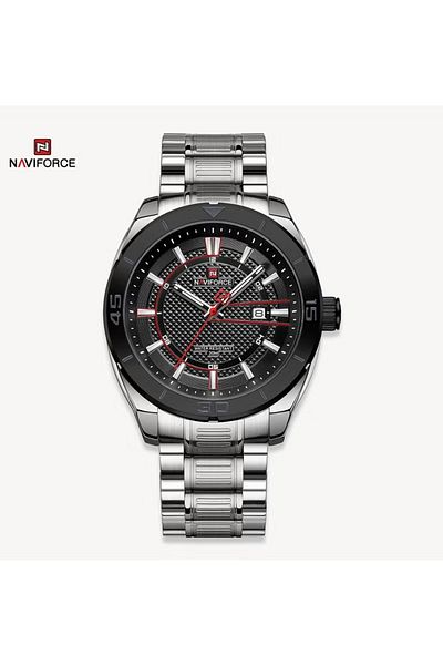 Naviforce Men's Stainless Steel Watch Black Dial Silver Bracelet Water Resistant