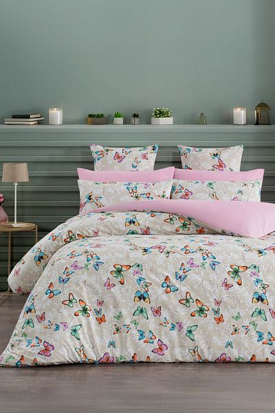 GARDEN ROOM Σετ Παπλωματοθήκη Διπλό με Εφαρμοσμένο Σεντόνι BUTTERFLY Μπεζ Ροζ