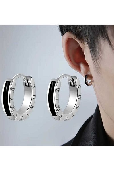 sarıyer silver Black Enamel Processing Roman Numeral Detailed Ring Model Daily Stylish Design Steel Earrings