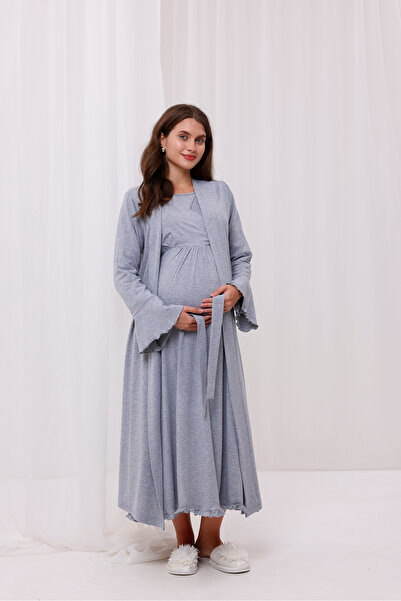 Yulem Homewear طقم ملابس نوم للحوامل من القطن باللون الرمادي مكون من قطعتين