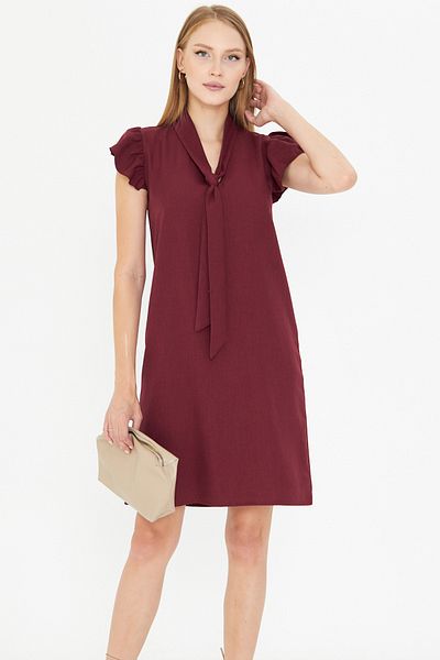 armonika Women Burgundy V Neckline Sleeves Ruffle Tie Detail Dress Arm-25Y001022