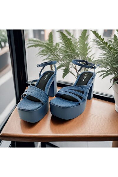 OEM Sandale dama cu platforma si toc gros, model versatil, material textil-denim, 1140, albastru