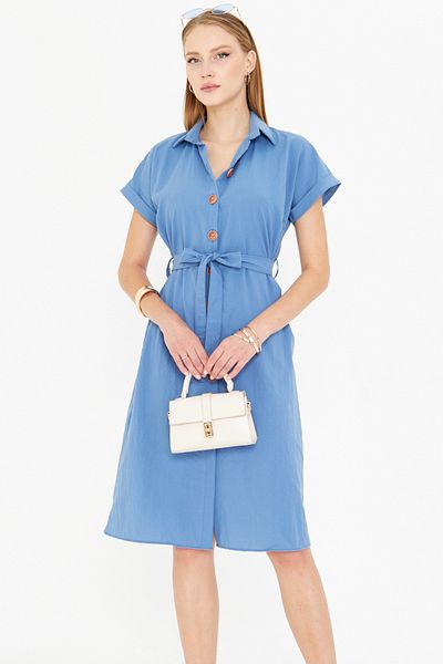 armonika Rochie cămașă cu mânecă scurtă cu centură Indigo pentru femei ARM-25Y001065