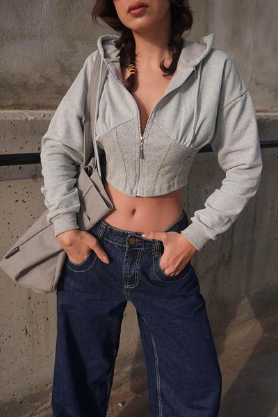 Karakedi New Gray Melange Stripe Hooded Crop Cardigan