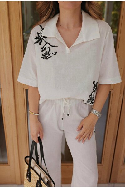 BRTC design Women's Ecru Floral Embroidered Polo Neck Linen Blouse Trousers Set