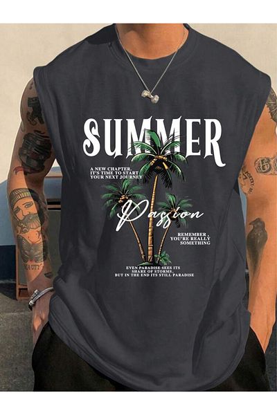LUNAVISTA Men's Casual Simple Graphic Printed Sleeveless T-Shirt Tropical Letters Plants Slogan