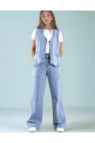 Pantulux Buz Mavi Kız Çocuk Kot İkili Takım – Yelekli ve Pantolonlu | Denim Kumaş, Tam Kalıp
