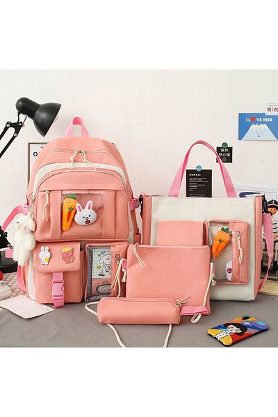 DexXer school set, schoolbag, pencil case, bag with handles, cosmetic bag, Pink, 41x 28 x 14 cm