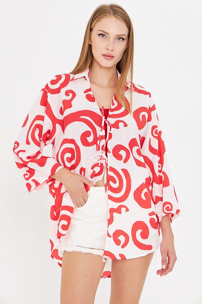 armonika Women's Red-White Shirt Collar Front Lace-Up Kimono Shirt Arm-25K001006