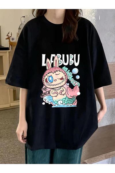 DEEFWEAR Black Labubu Cute Mermaid Printed Unisex Oversize Tshirt