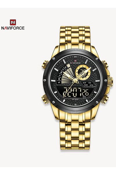 Naviforce Luxury Gold and Black Stainless Steel Mens Watch Digital Analog Quartz Waterproof