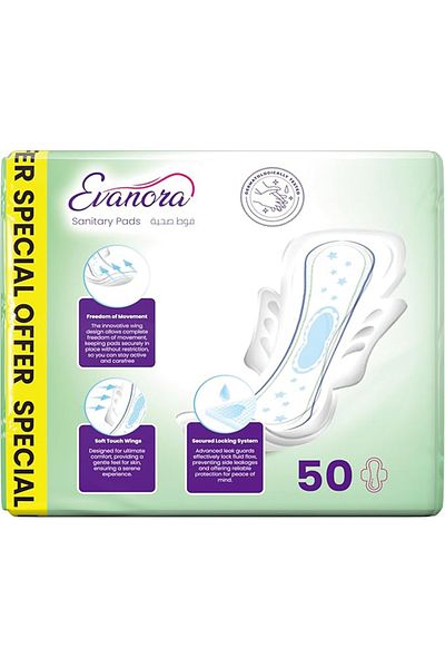 Evanora Sanitary Pads Aloe Maxi 50 Count | Thick & Long | Gentle Care with Aloe Vera + Vitamin E