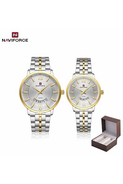 Naviforce Luxury Silver & Gold Couple Watch Set – Stainless Steel Waterproof Roman Numerals