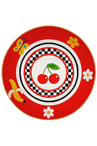 Rugs Modern Halı MOSSO Kiraz Detaylı Çiçek Desenli Dokuma Taban Yuvarlak Halı...