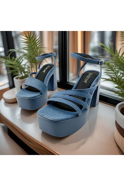OEM Sandale dama cu platforma si toc gros, model versatil, material textil-denim, 1140, albastru