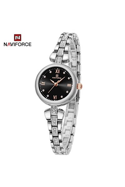 Naviforce Elegant and Stylish Silver Analog Wrist Watch with Crystal Accents and Black Dial