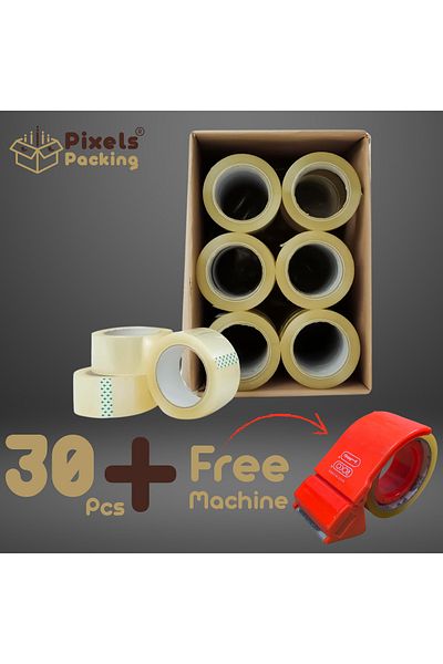 PixelsPacking PixelsPacking 30 Pack Clear Adhesive Tape + Tape Dispenser Cutter 100 Yards Long 2 Inch Wide, Perfect for Parcels