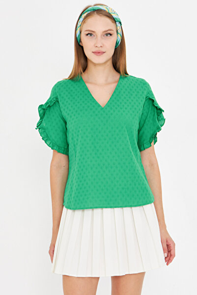 armonika Γυναικεία ανοιχτό πράσινο μανίκι V λαιμόκοψη με βολάν κοντομάνικη μπλούζα ARM-25Y001031