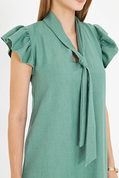 armonika Γυναικείο Πράσινο Φόρεμα με λαιμόκοψη V με βολάν με λεπτομέρεια γραβάτα ARM-25Y001022