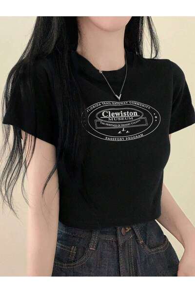 NAKRUF Bluză crop Clewiston cu imprimeu pentru femei bumbac 100% guler rotund...