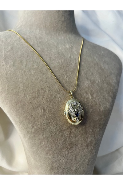 Fam&Co Jewelry Alya Altın Renk Oval Madalyon Kolye – Taş Detaylı, Fotoğraf Sa...