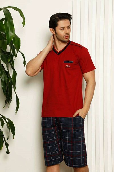bie's Men's V-Neck Buttonless Plaid Pattern Short Sleeve with Pocket Shorts 100% Cotton Pajamas Set