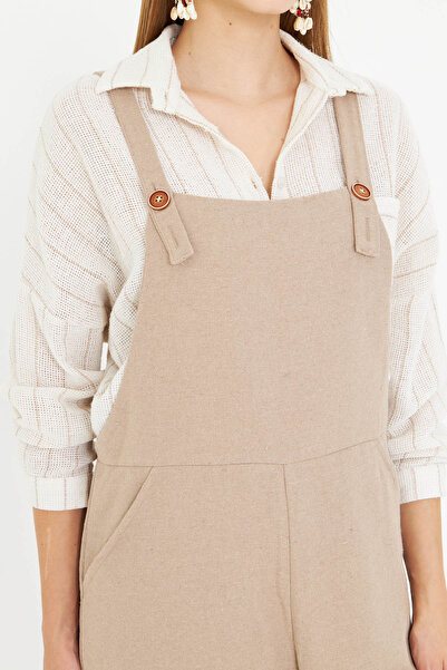 armonika Women's Light Beige Pocketed Wide Leg Gardener Jumpsuit Arm-25Y001043