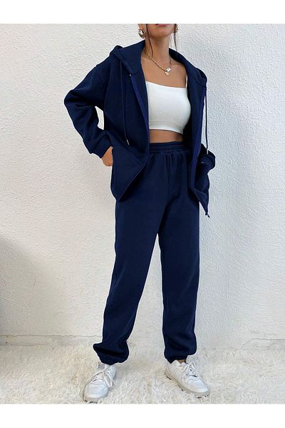 SAAT TEKSTİL Ρολόι υφασμάτινο Navy Blue Hooded με φερμουάρ Χοντρό χειμερινό oversize γυναικείο σετ αθλητικών φούτερ