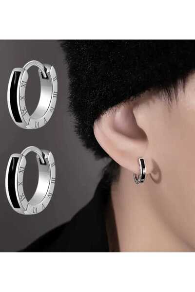 sarıyer silver Black Enamel Processing Roman Numeral Detailed Ring Model Daily Stylish Design Steel Earrings