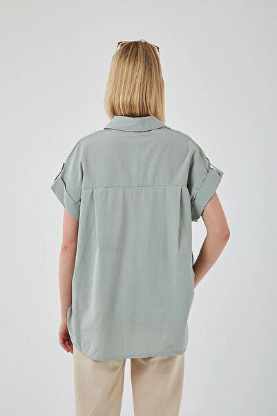 Mixray 3967 Women's Epaulet Short Sleeve Oversize Shirt Çağla