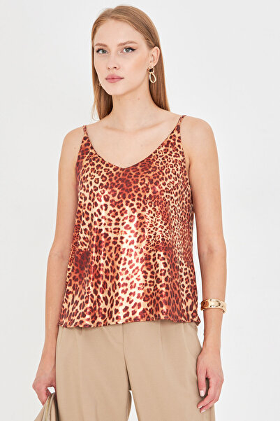 armonika Women's Brown-Beige Linen Look Strap Blouse Arm-24Y001064