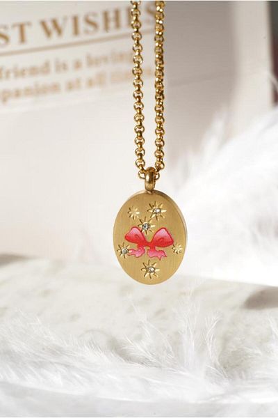 AŞIK ACCESSORIES Stainless Steel Pink Ribbon Locket Necklace