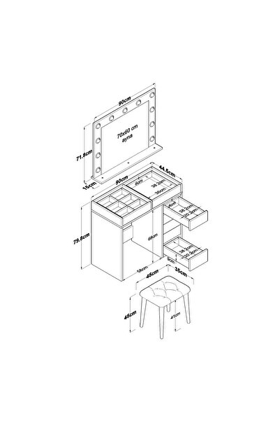 Rani Mobilya Rani BJ160 Hollywood Işıklı Aynalı Makyaj Masası 7 Çekmeceli Takı Düzenleyici Puf Takım Beyaz