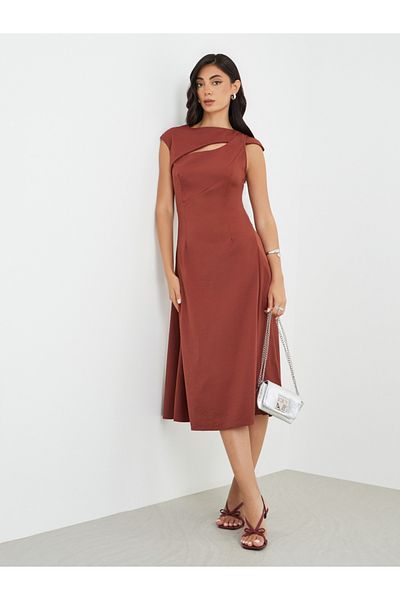 Styli Solid Asymmetric Neckline A-Line Midi Dress