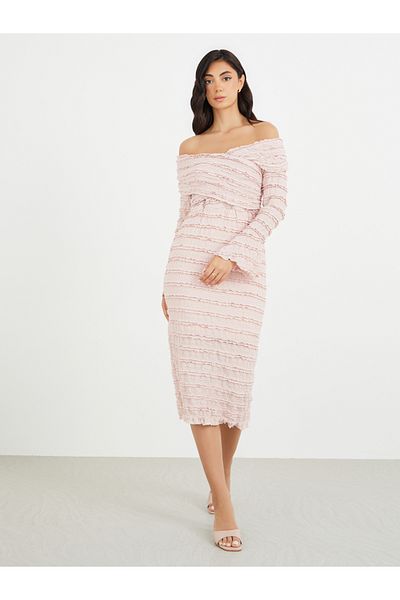 Styli Solid Ruffle Trim Off Shoulder Neck Sheath Midi Dress