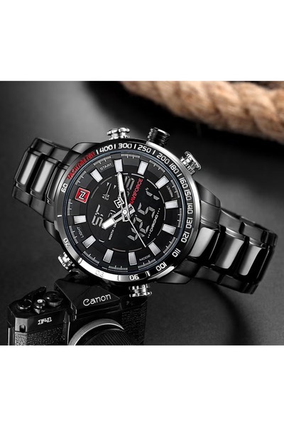 Naviforce Luxury Mens Chronograph Watch with Digital Analog Display Stainless Steel Band LED Backlight